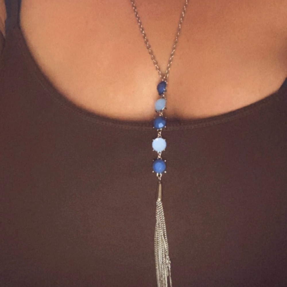 Beautiful long silver tassel necklace with blue stones